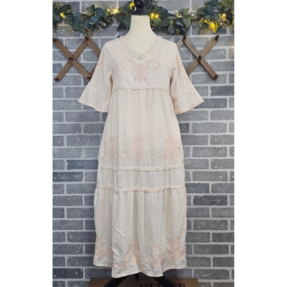 Soft Surroundings PXS Embroidered Maxi Dress Boho Cottagecore Pockets Peach Pink